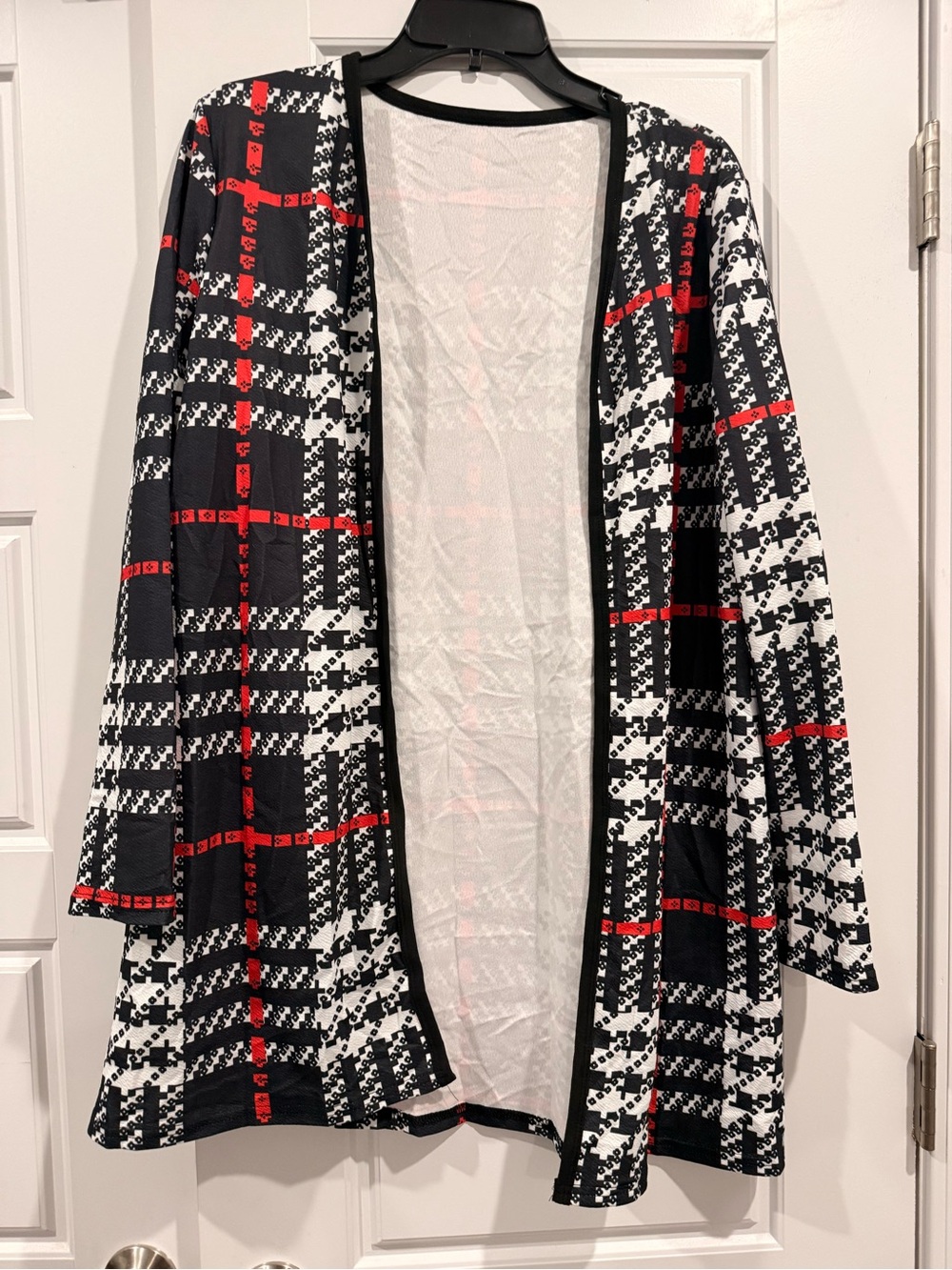 Plaid Open Front Cardigan Jacket - Black White Red